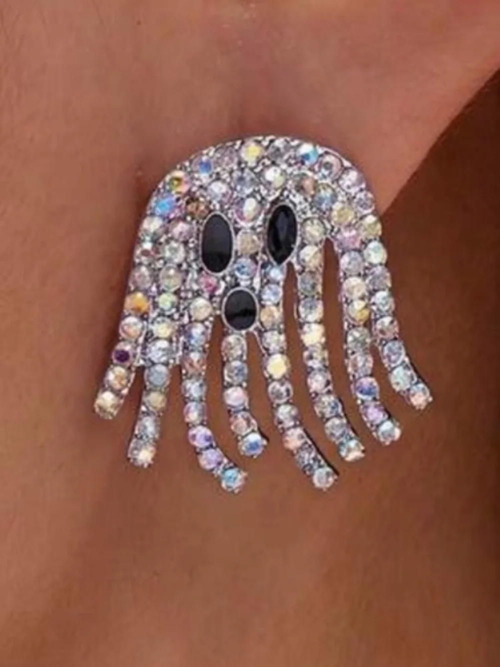 Iridescent Crystal Ghost Stud Earrings - Sparkling Pink Silver Tone